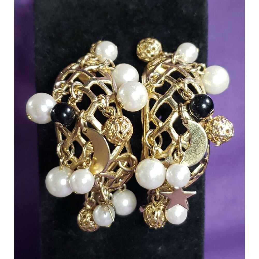 Lattice Weave Hoop Earrings with Faux Pearls, Beads & Baubles In Gold Tone